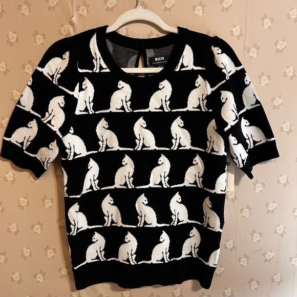 Anthropology Maeve Cat Sweater Top S Black White Kitty Knit NWT - Picture 7 of 10